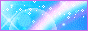 A pixelart button of a blue sky with distant moon and a rainbow and sparkles