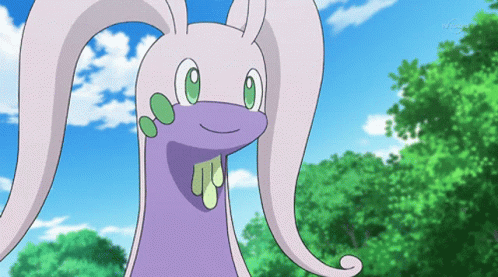 An gif of the pokemon goodra, a purple, snail-inspired dragon, smiling