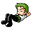 Animated pixelart of Zoro from One Piece, a man with green hair, a white shirt, green belt and black pants and shoes. He is laying down asleep with his hands folded behind his head, and small 'Z's' appear when he opens his mouth